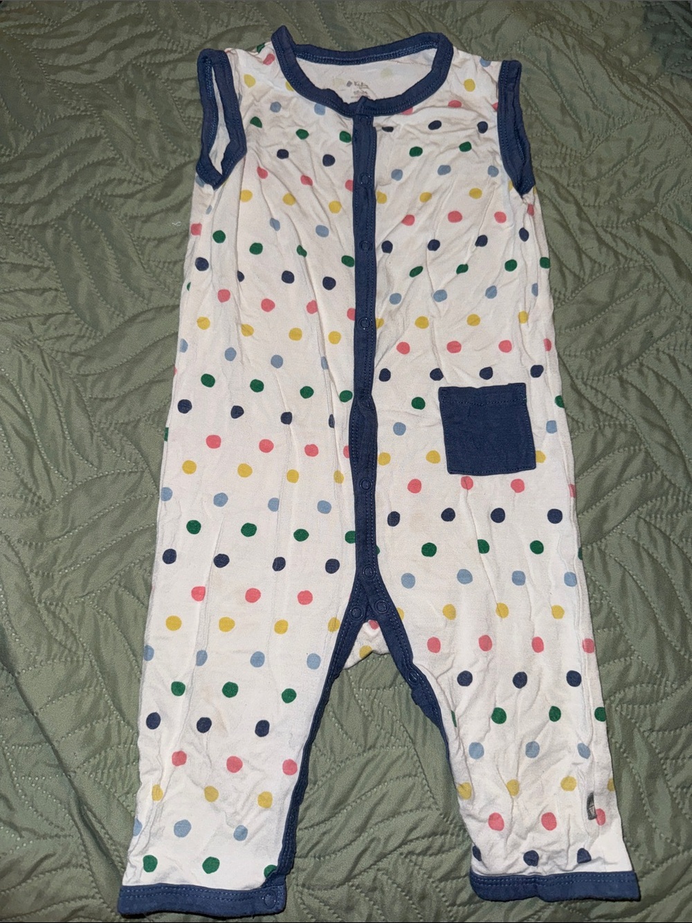 Kyte BABY White Polka Dot Sleeveless one piece with Navy Trim
